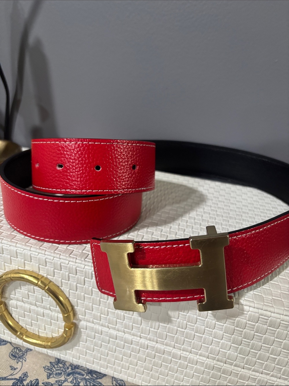 Hermes Red Leather Belt with Gold H Buckle